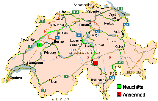 Plan de situation et route de Neuchâtel à Andermatt